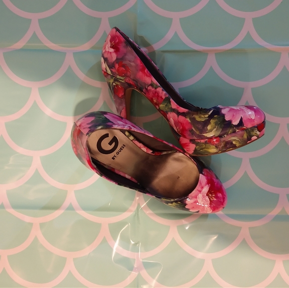 G by Guess Shoes - Gorgeous lacquer look floral stiletto heels by Guess size 10M, very gently used.